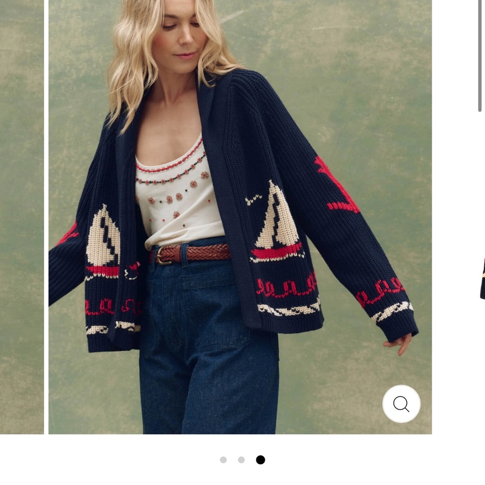THE GREAT. Navy Cardigan with Red and Cream Details